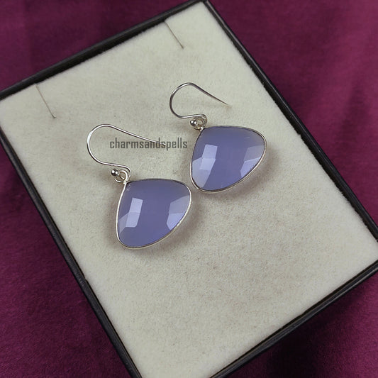 Lavender Chalcedony Stone Earrings For Women, Handmade Boho Silver Plated Earrings For Wedding Anniversary Gift, Chalcedony Jewelry, Gift