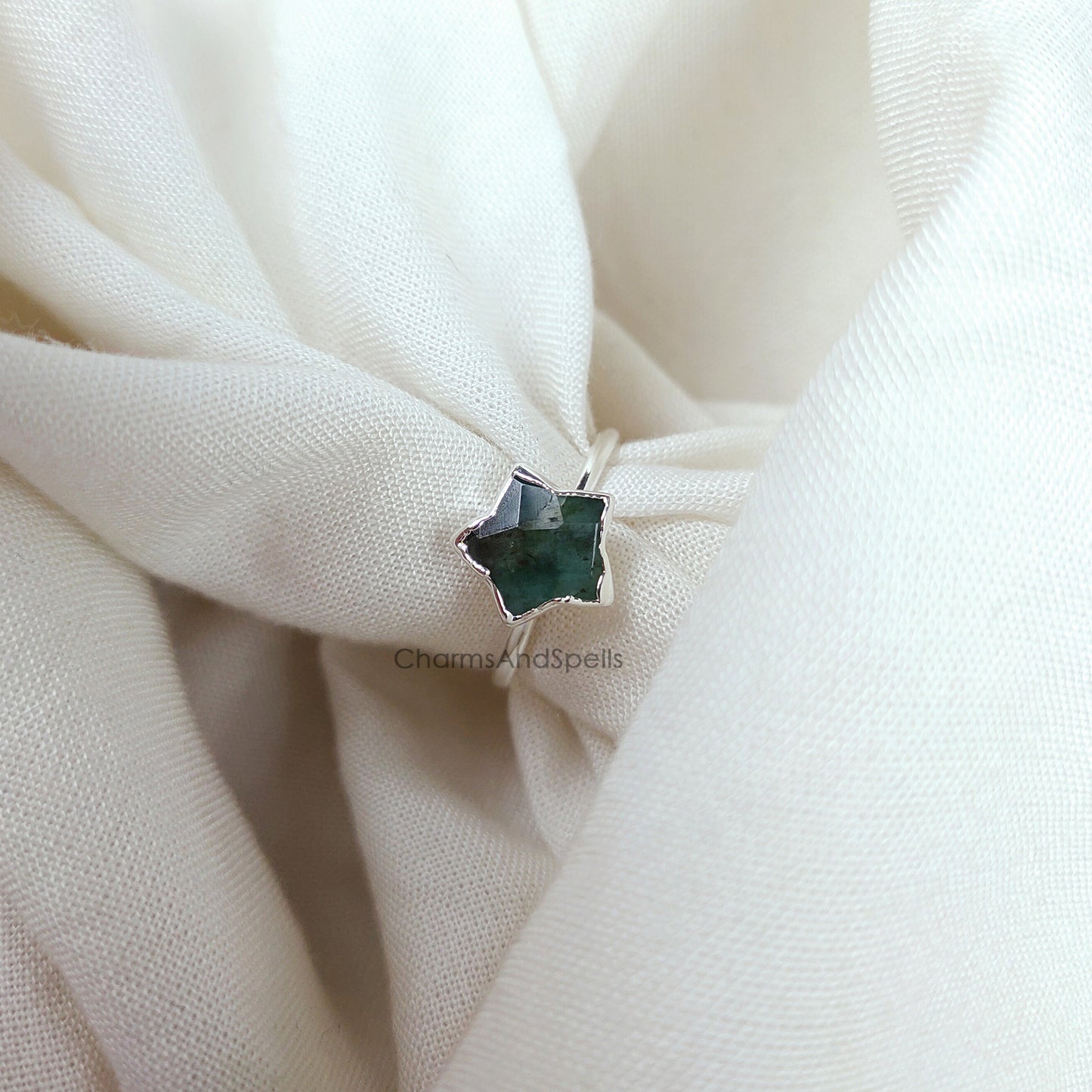 Genuine Emerald Ring, Electroplated Ring, Emerald Eternity Ring, Star Shape Emerald Jewelry, Emerald Ring for Women, Gift for Her, Gift Idea