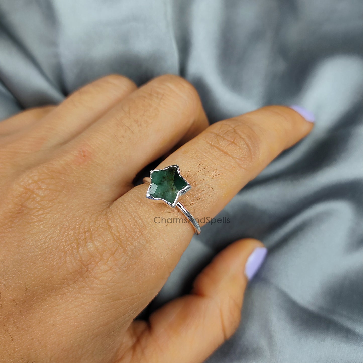 Genuine Emerald Ring, Electroplated Ring, Emerald Eternity Ring, Star Shape Emerald Jewelry, Emerald Ring for Women, Gift for Her, Gift Idea