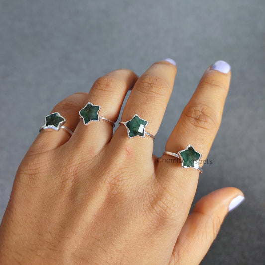 Genuine Emerald Ring, Electroplated Ring, Emerald Eternity Ring, Star Shape Emerald Jewelry, Emerald Ring for Women, Gift for Her, Gift Idea