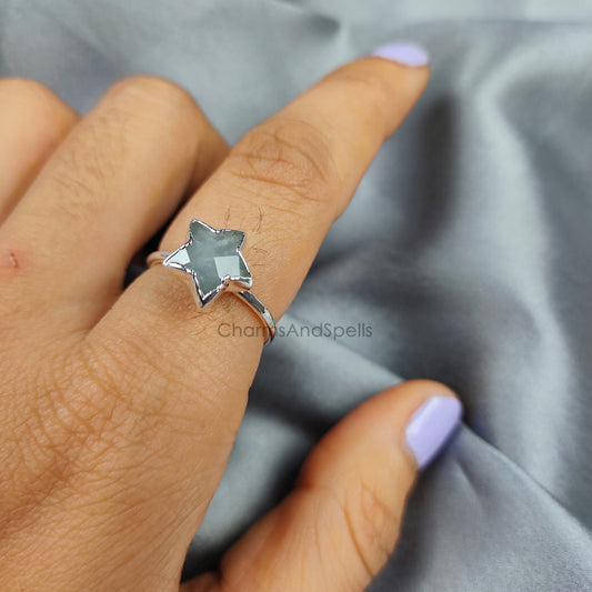 Natural Aquamarine Ring, Women Ring, Electroplated Statement Ring, Star Boho Ring, Handmade Ring, Gemstone Ring, March Birthstone Ring