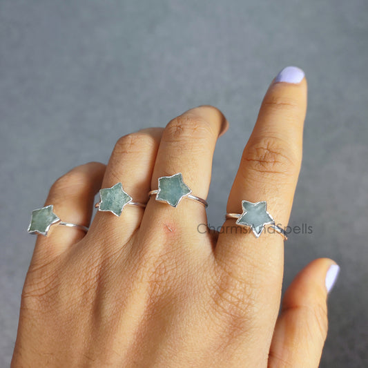 Natural Aquamarine Ring, Women Ring, Electroplated Statement Ring, Star Boho Ring, Handmade Ring, Gemstone Ring, March Birthstone Ring