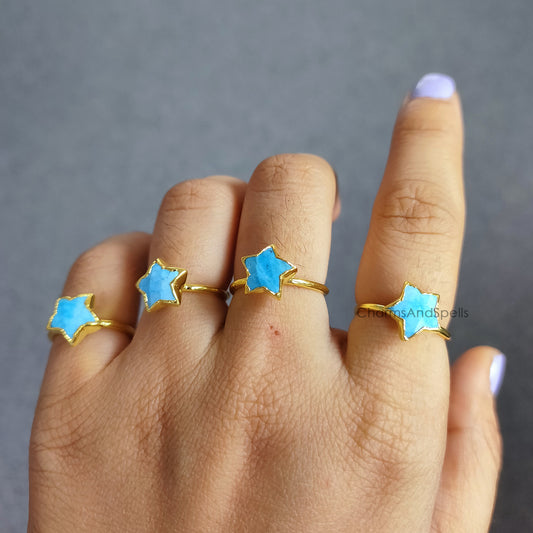 Turquoise Ring, Birthstone Jewelry, Blue Stone Ring, Electroplated Ring, Woman Jewelry, Star Shape Ring, Bridesmaid Gift, Mother Day Gift