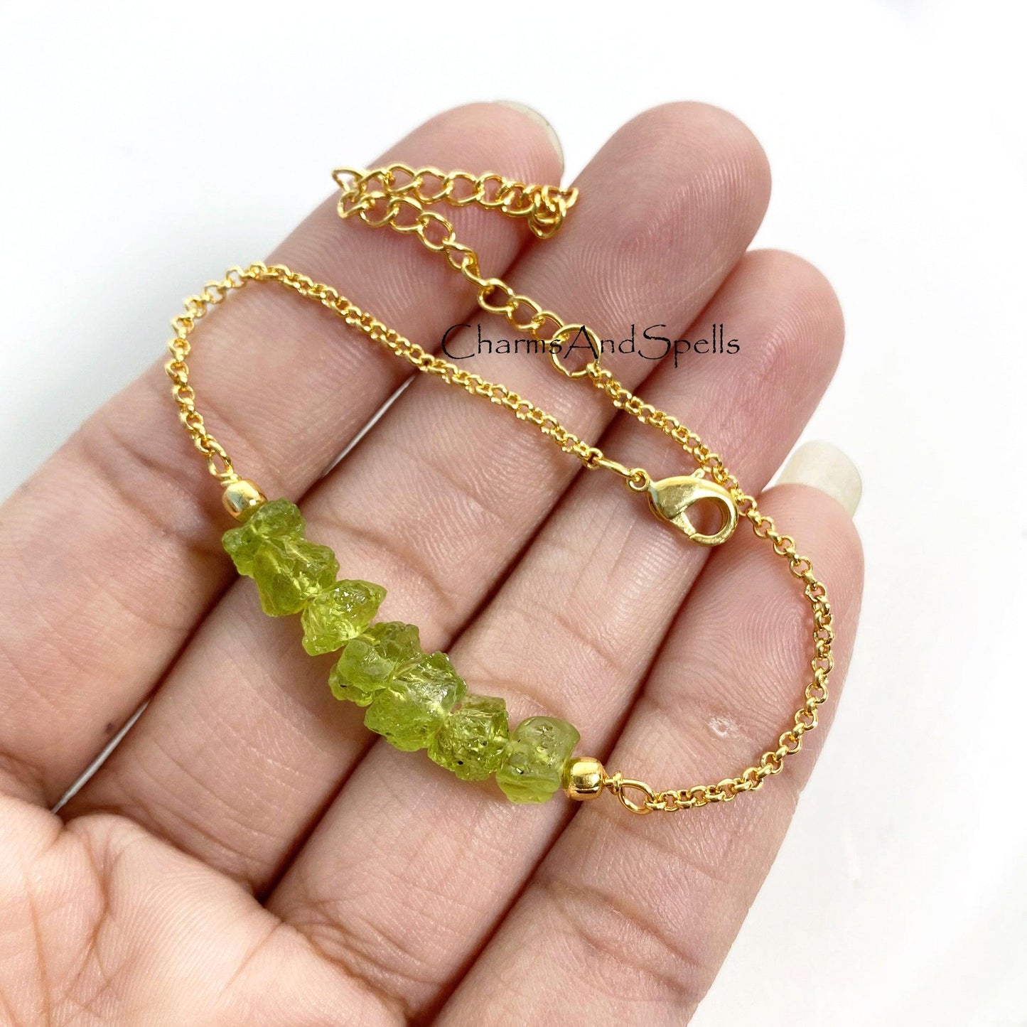 Genuine Raw Peridot Beaded Bracelet, Rough Crystal Jewelry, Adjustable Beaded Friendship Bracelet, Raw Gemstone bracelet, Beads Bracelet - Charms And Spells