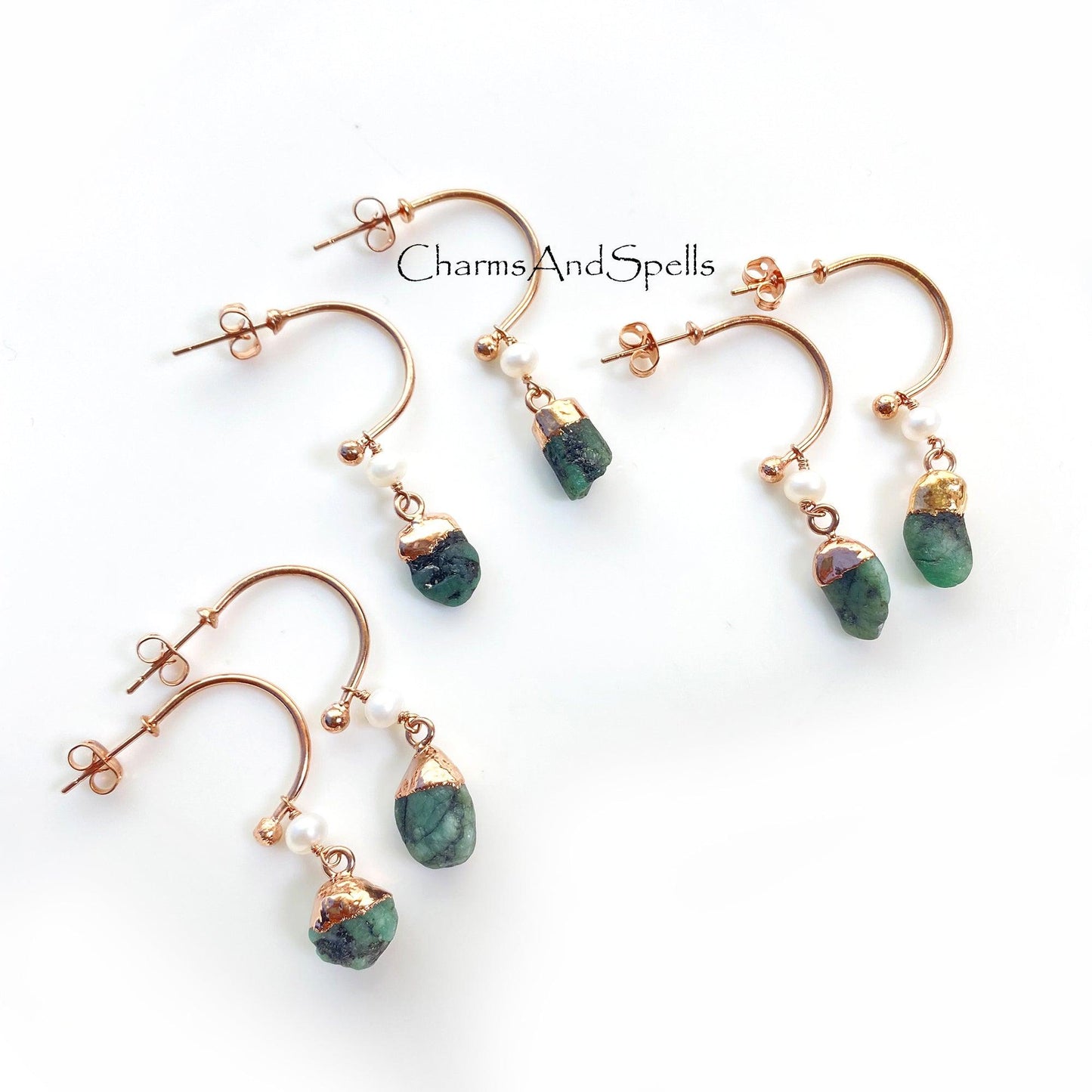 Raw Emerald Earring, White Pearl Earring, Rose Gold Plated Earring, Trendy Bohemian Earring, Crystal Gemstone Earring, Rough Emerald jewelry - Charms And Spells