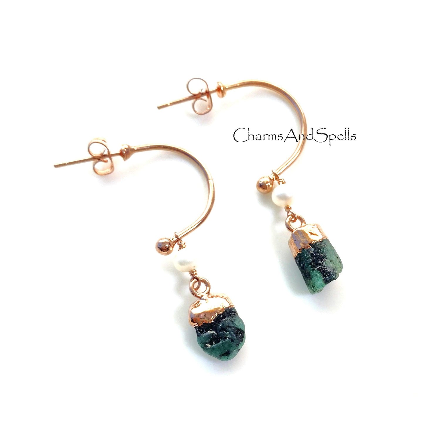 Raw Emerald Earring, White Pearl Earring, Rose Gold Plated Earring, Trendy Bohemian Earring, Crystal Gemstone Earring, Rough Emerald jewelry - Charms And Spells