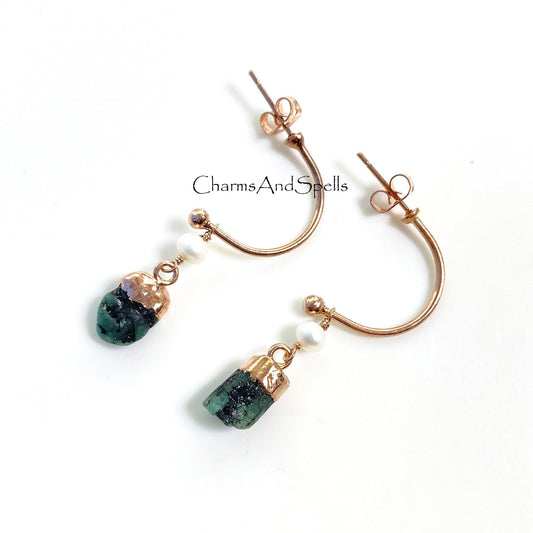 Raw Emerald Earring, White Pearl Earring, Rose Gold Plated Earring, Trendy Bohemian Earring, Crystal Gemstone Earring, Rough Emerald jewelry - Charms And Spells