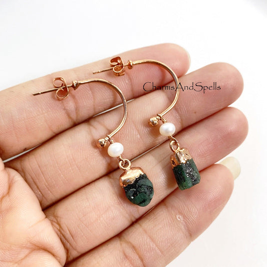 Raw Emerald Earring, White Pearl Earring, Rose Gold Plated Earring, Trendy Bohemian Earring, Crystal Gemstone Earring, Rough Emerald jewelry - Charms And Spells