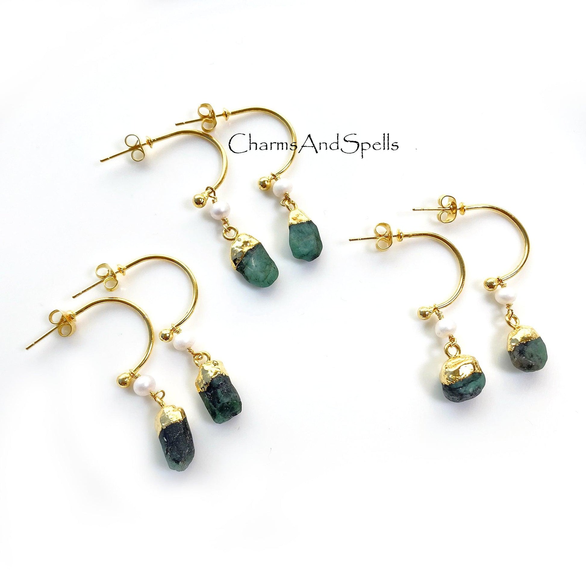 Natural Raw Emerald Earring, Pearl Earring, Gemstone Earrings, Handmade Raw Earring, Gold Plated Earring, Dainty Earring, Designer Earring - Charms And Spells