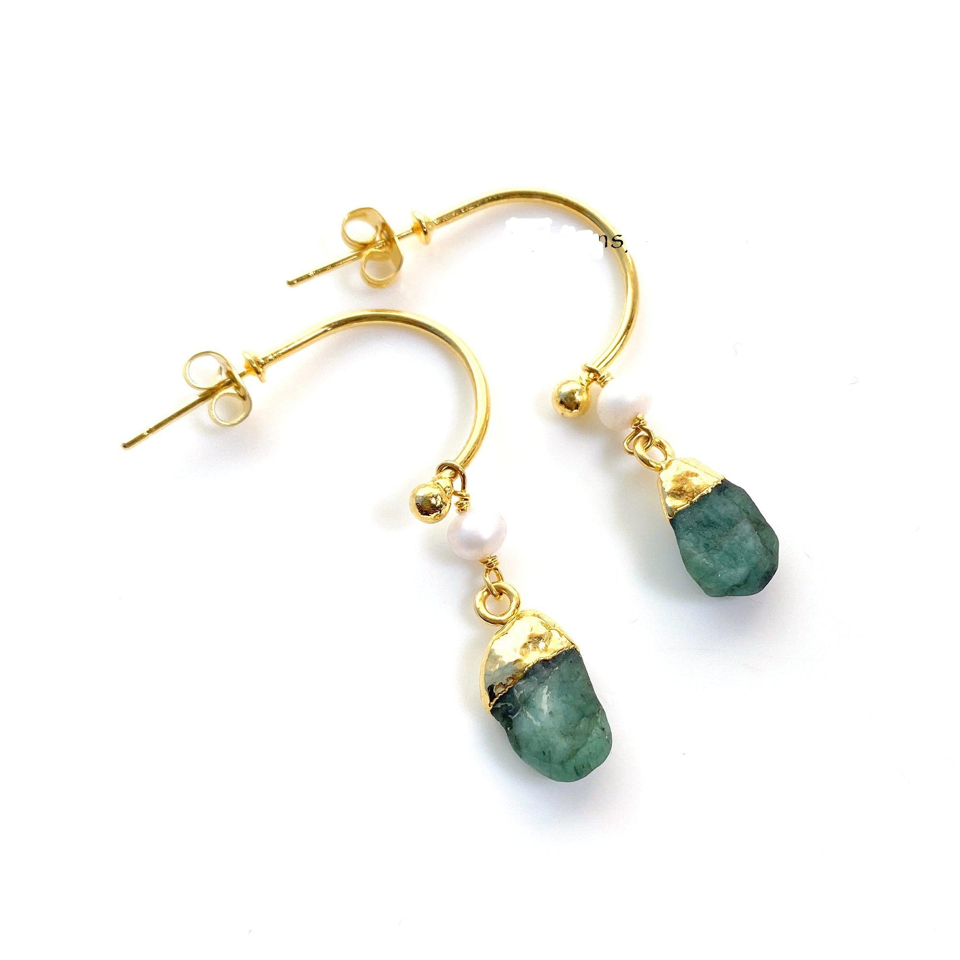 Natural Raw Emerald Earring, Pearl Earring, Gemstone Earrings, Handmade Raw Earring, Gold Plated Earring, Dainty Earring, Designer Earring - Charms And Spells