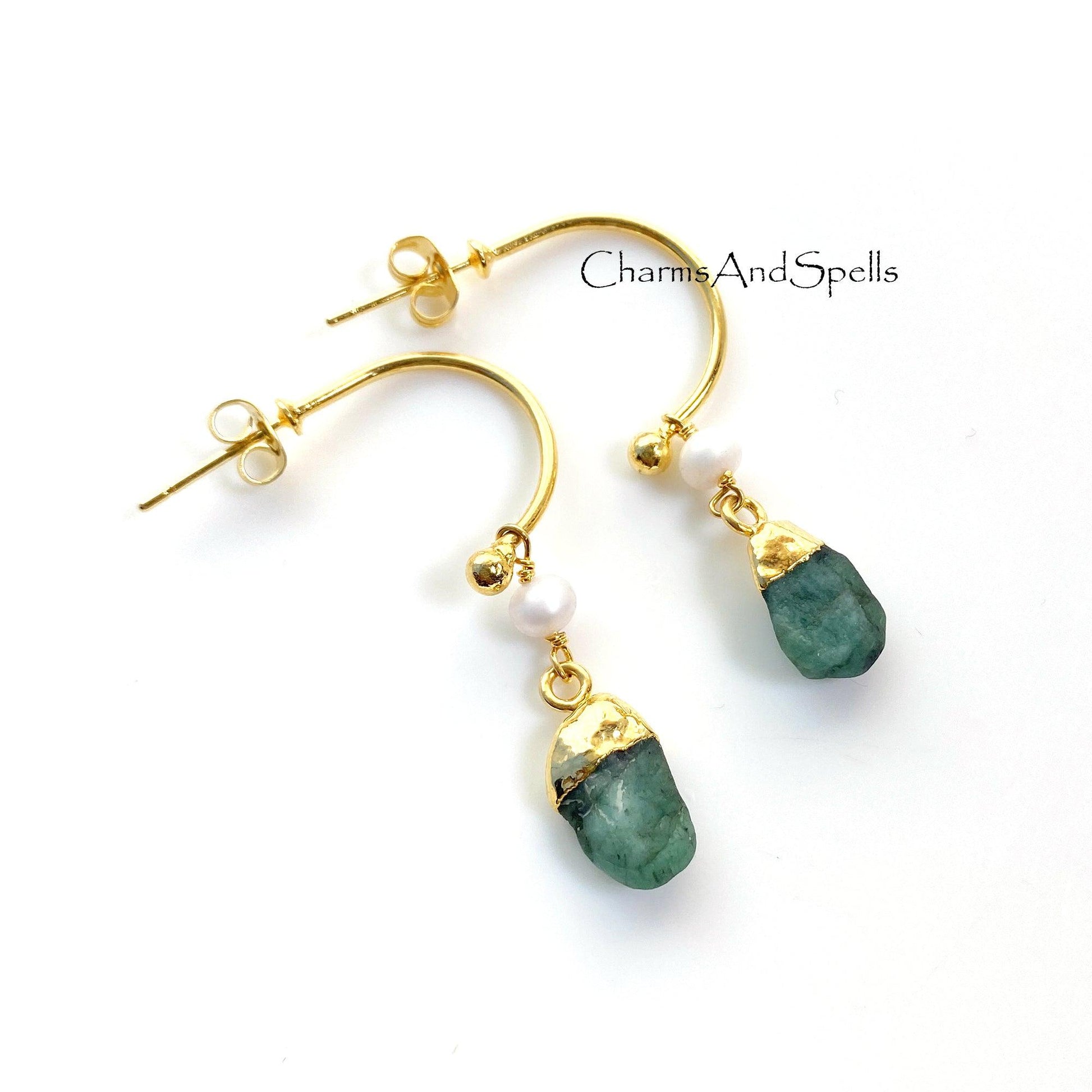 Natural Raw Emerald Earring, Pearl Earring, Gemstone Earrings, Handmade Raw Earring, Gold Plated Earring, Dainty Earring, Designer Earring - Charms And Spells