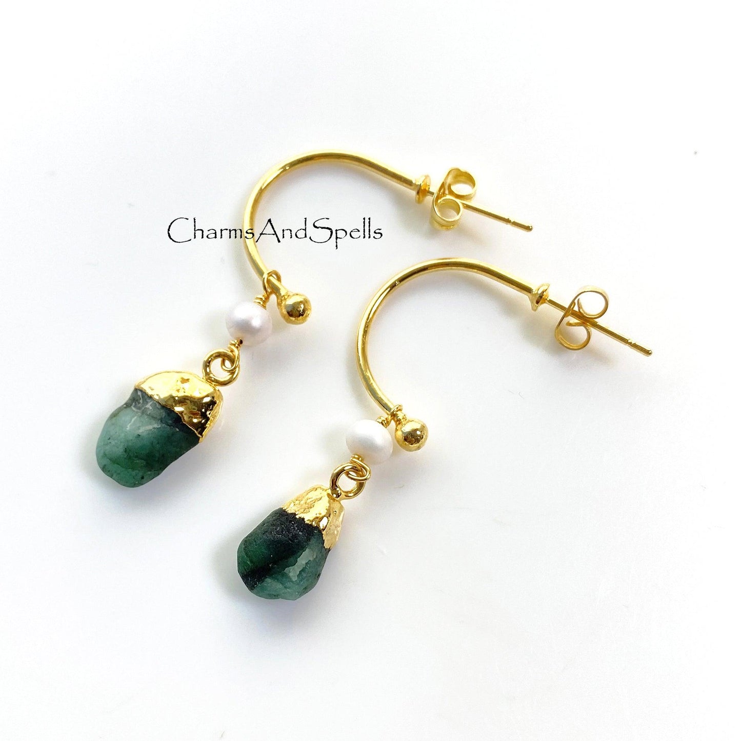 Natural Raw Emerald Earring, Pearl Earring, Gemstone Earrings, Handmade Raw Earring, Gold Plated Earring, Dainty Earring, Designer Earring - Charms And Spells