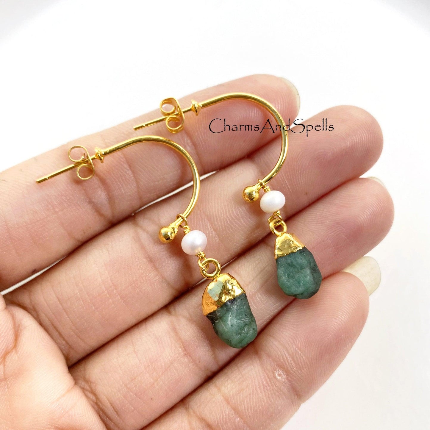 Natural Raw Emerald Earring, Pearl Earring, Gemstone Earrings, Handmade Raw Earring, Gold Plated Earring, Dainty Earring, Designer Earring - Charms And Spells