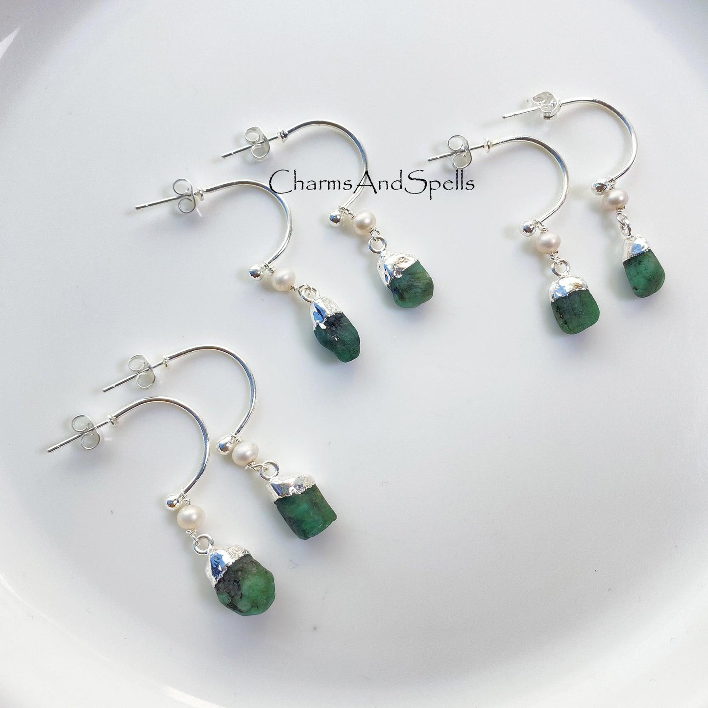 Raw Emerald Earrings, May Birthstone Earrings, Dangle Earrings, Silver Plated Earring, Holiday Gift Ideas, Statement Earrings, Birthday Gift - Charms And Spells