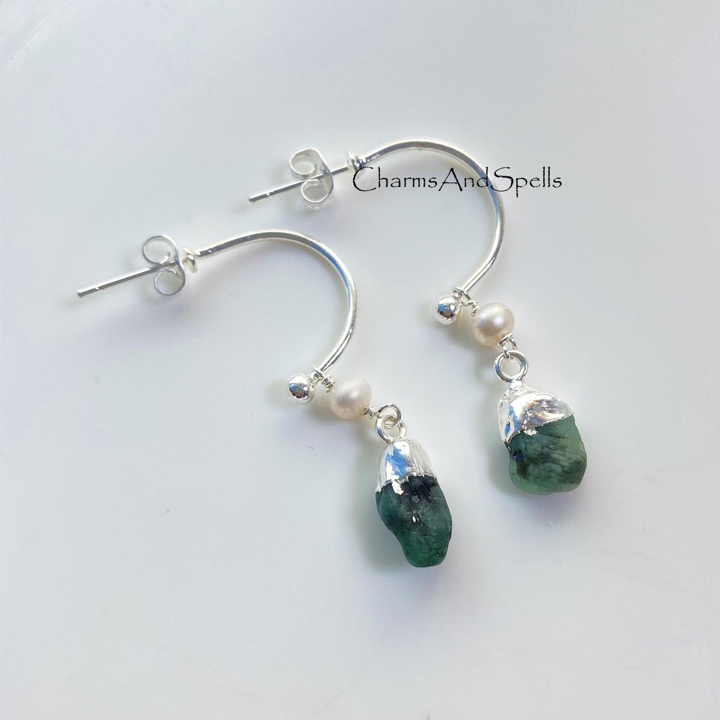 Raw Emerald Earrings, May Birthstone Earrings, Dangle Earrings, Silver Plated Earring, Holiday Gift Ideas, Statement Earrings, Birthday Gift - Charms And Spells