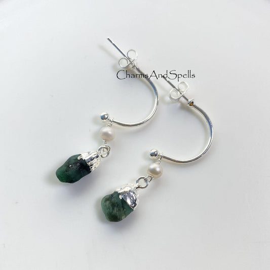 Raw Emerald Earrings, May Birthstone Earrings, Dangle Earrings, Silver Plated Earring, Holiday Gift Ideas, Statement Earrings, Birthday Gift - Charms And Spells