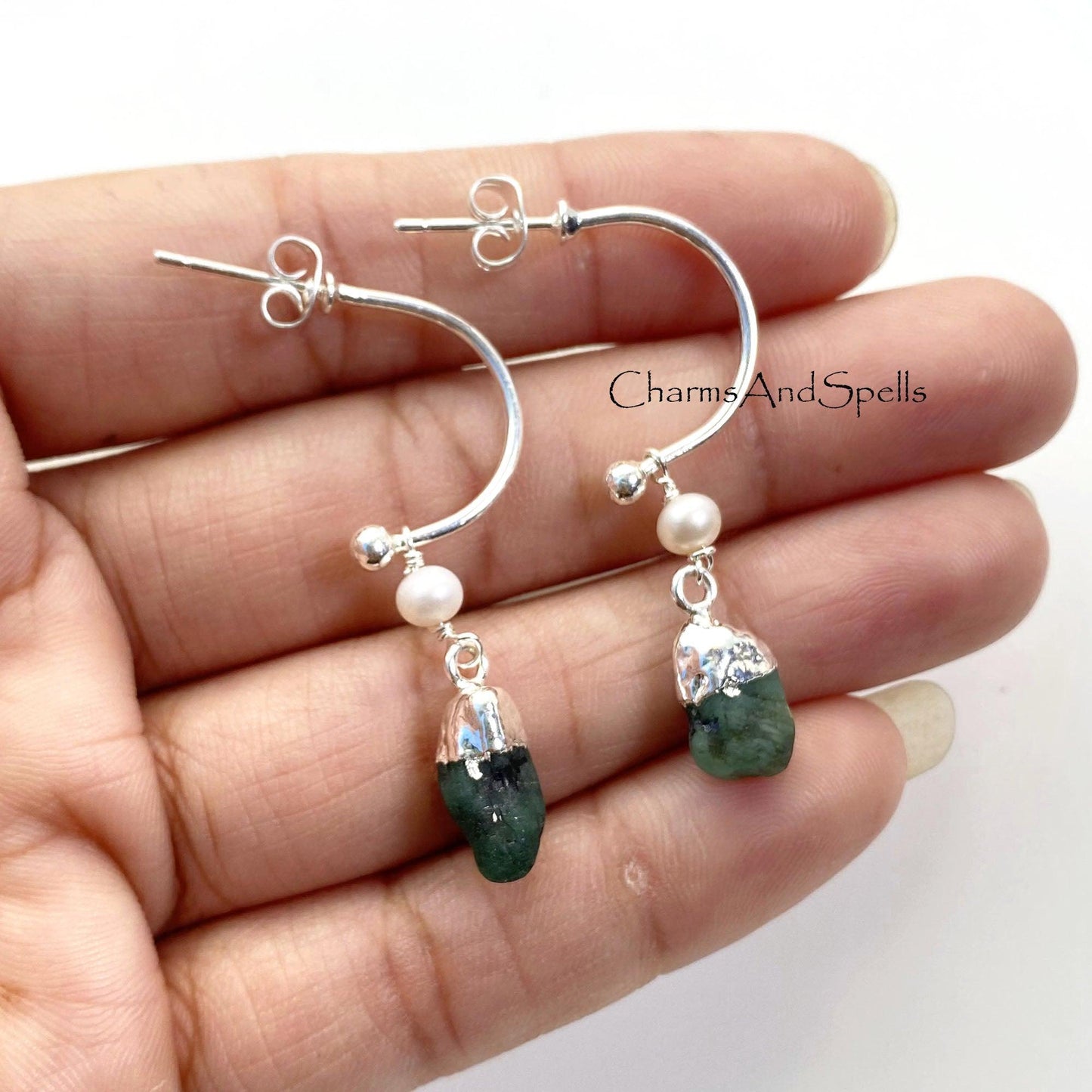 Raw Emerald Earrings, May Birthstone Earrings, Dangle Earrings, Silver Plated Earring, Holiday Gift Ideas, Statement Earrings, Birthday Gift - Charms And Spells