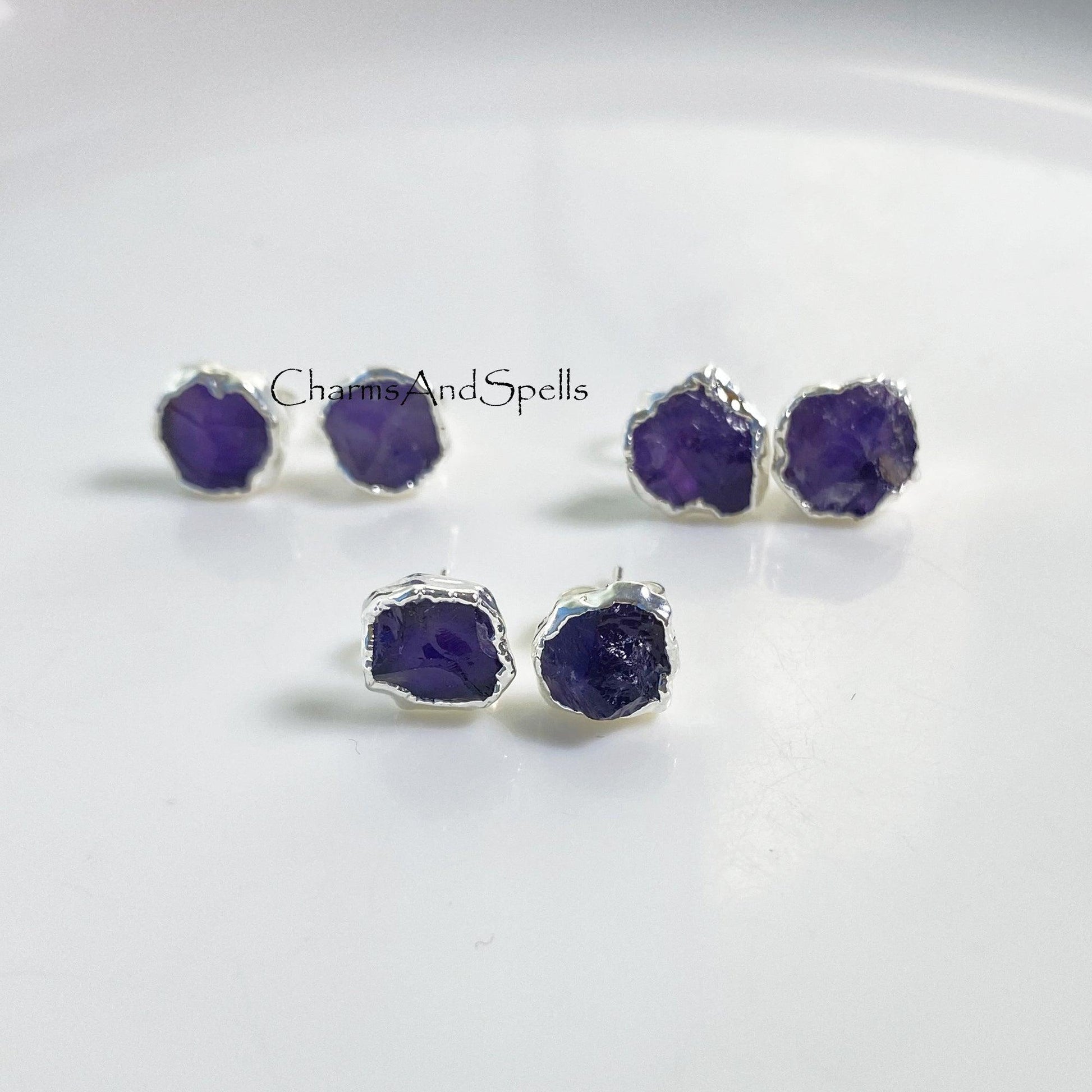 Raw Amethyst Earring, Silver Plated Earring, Amethyst Stud Earring, Dainty Earring, Purple Crystal Earring, Raw Stone Earring, Christmas Gift - Charms And Spells