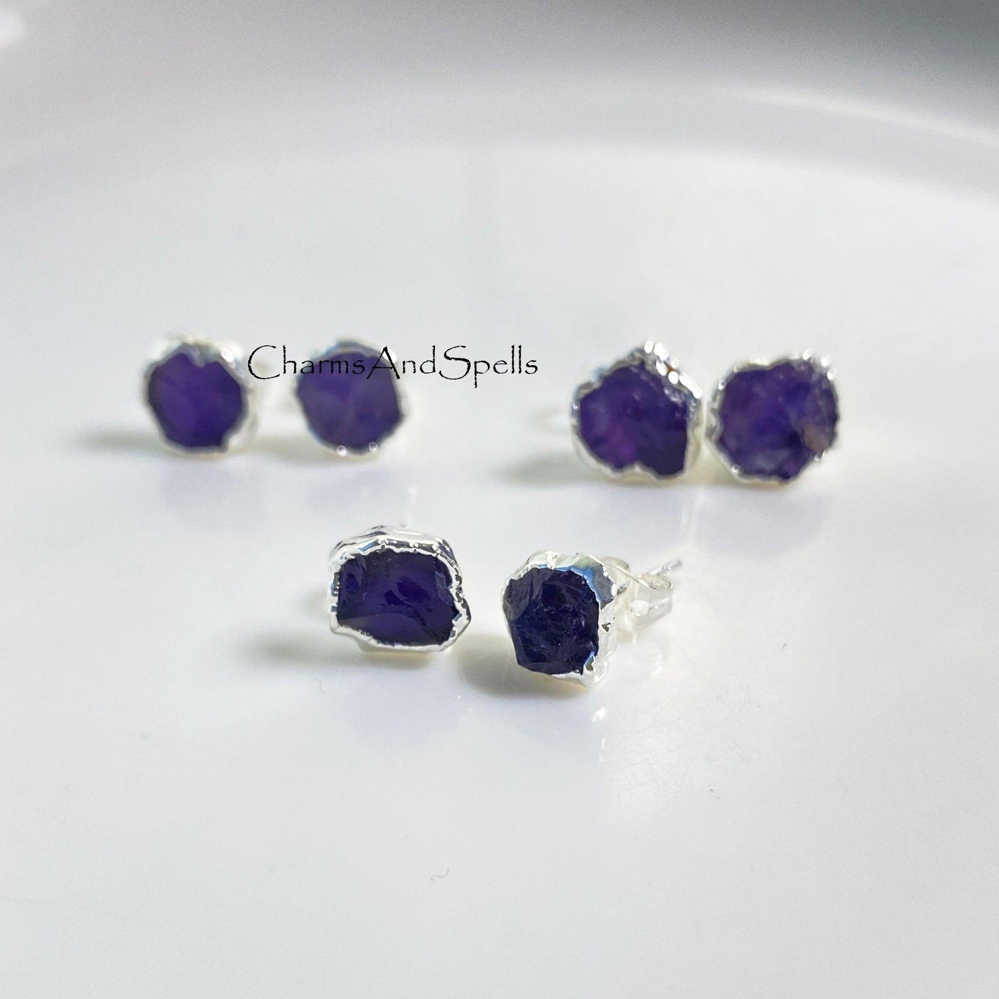 Raw Amethyst Earring, Silver Plated Earring, Amethyst Stud Earring, Dainty Earring, Purple Crystal Earring, Raw Stone Earring, Christmas Gift - Charms And Spells