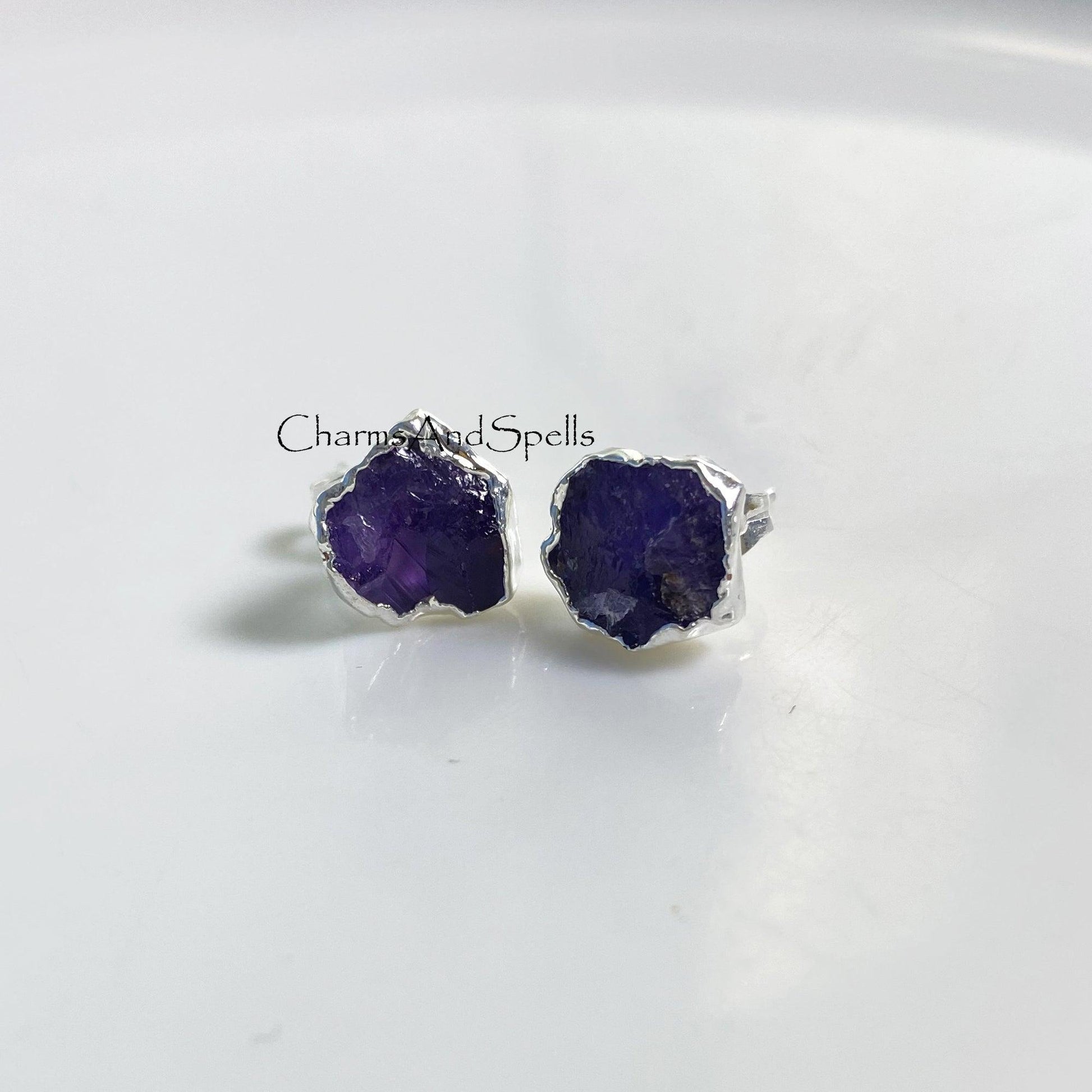 Raw Amethyst Earring, Silver Plated Earring, Amethyst Stud Earring, Dainty Earring, Purple Crystal Earring, Raw Stone Earring, Christmas Gift - Charms And Spells