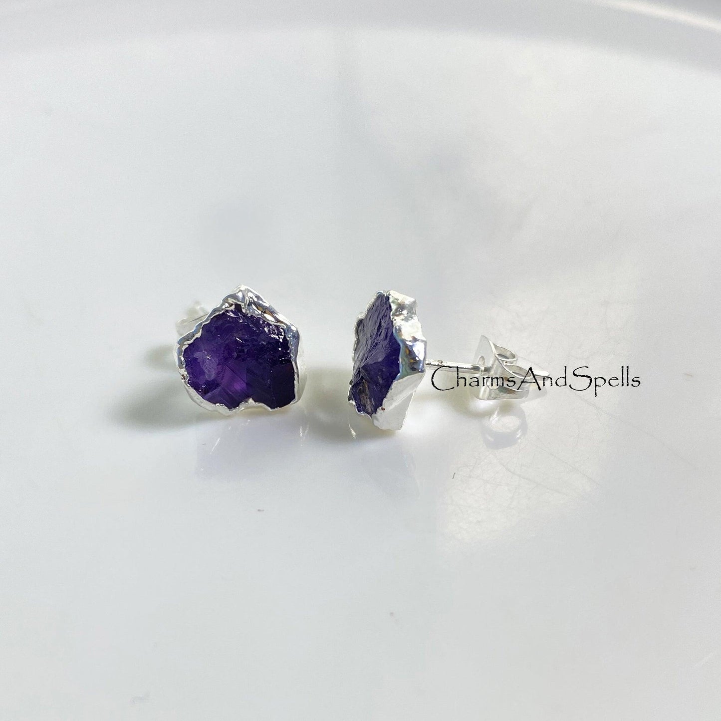 Raw Amethyst Earring, Silver Plated Earring, Amethyst Stud Earring, Dainty Earring, Purple Crystal Earring, Raw Stone Earring, Christmas Gift - Charms And Spells