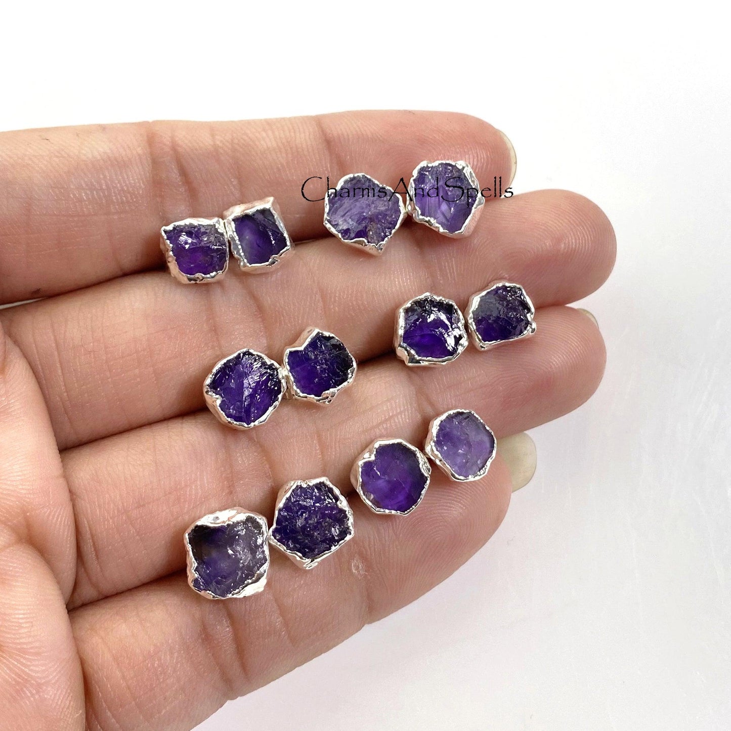 Raw Amethyst Earring, Silver Plated Earring, Amethyst Stud Earring, Dainty Earring, Purple Crystal Earring, Raw Stone Earring, Christmas Gift - Charms And Spells