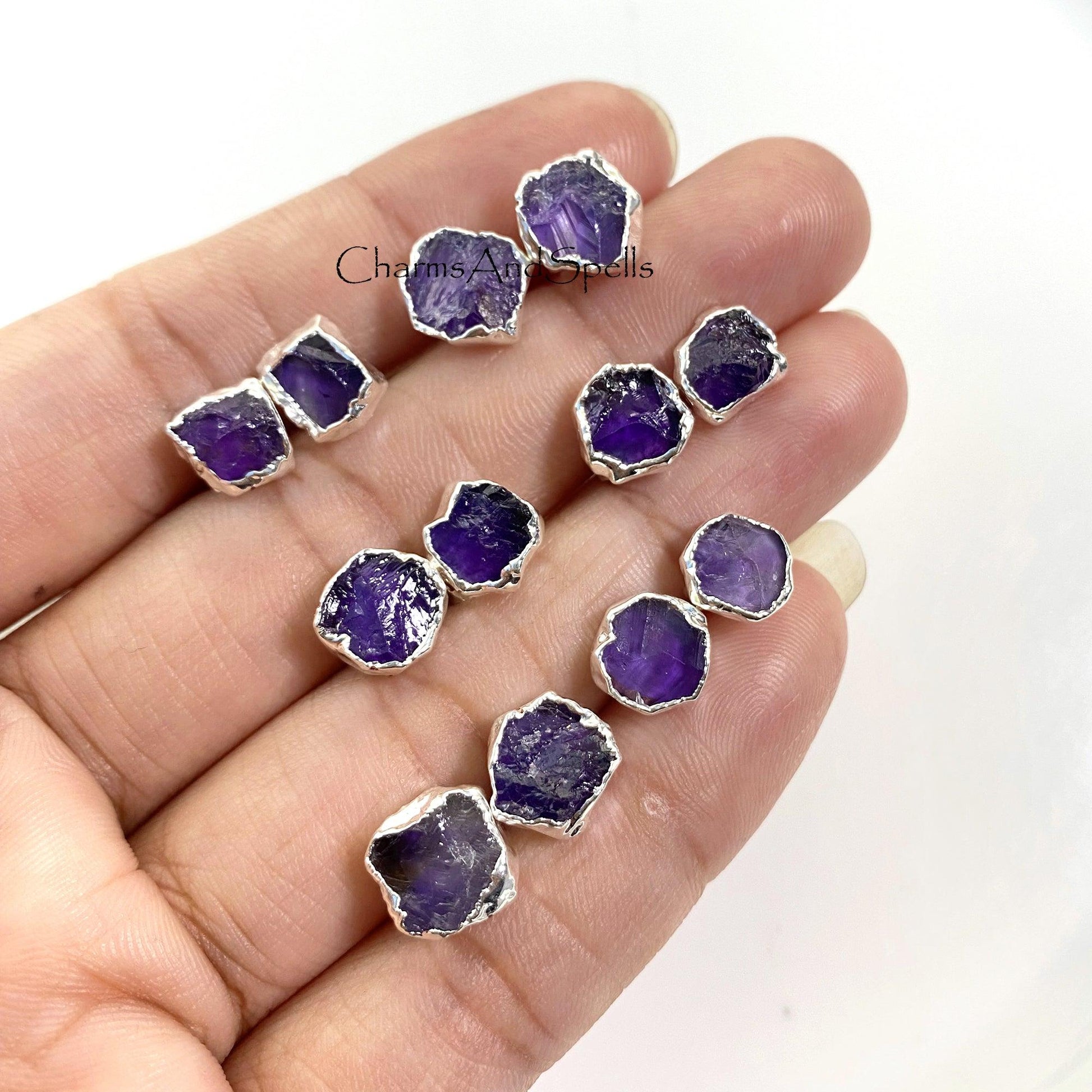 Raw Amethyst Earring, Silver Plated Earring, Amethyst Stud Earring, Dainty Earring, Purple Crystal Earring, Raw Stone Earring, Christmas Gift - Charms And Spells