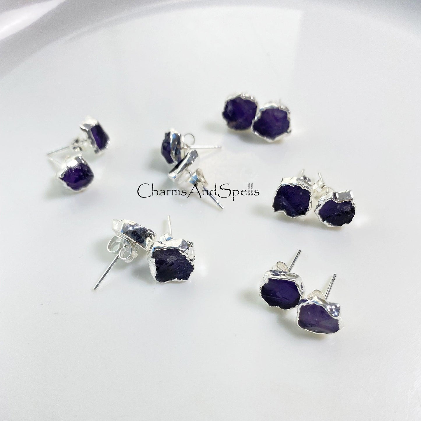 Raw Amethyst Earring, Silver Plated Earring, Amethyst Stud Earring, Dainty Earring, Purple Crystal Earring, Raw Stone Earring, Christmas Gift - Charms And Spells