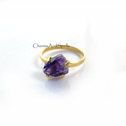 Natural Raw Amethyst Ring, Gold Plated Ring, Raw Stone Jewelry, Boho Amethyst Ring, February Birthstone, Statement Ring, Prong Set Ring - Charms And Spells