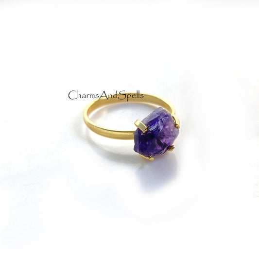 Natural Raw Amethyst Ring, Gold Plated Ring, Raw Stone Jewelry, Boho Amethyst Ring, February Birthstone, Statement Ring, Prong Set Ring - Charms And Spells