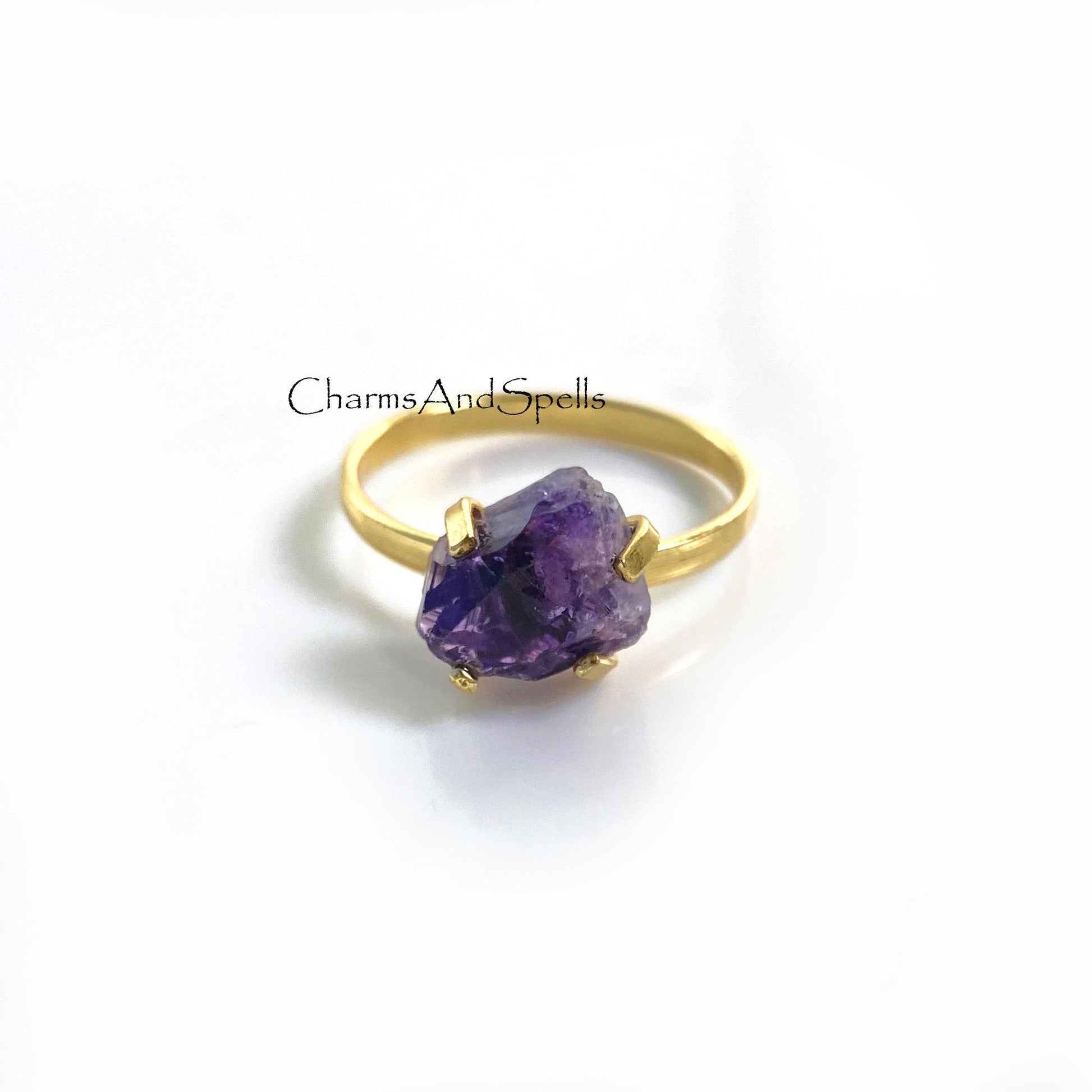 Natural Raw Amethyst Ring, Gold Plated Ring, Raw Stone Jewelry, Boho Amethyst Ring, February Birthstone, Statement Ring, Prong Set Ring - Charms And Spells