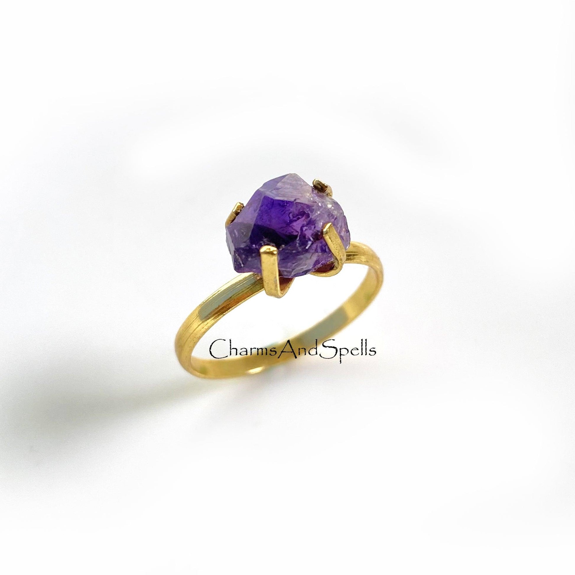 Natural Raw Amethyst Ring, Gold Plated Ring, Raw Stone Jewelry, Boho Amethyst Ring, February Birthstone, Statement Ring, Prong Set Ring - Charms And Spells