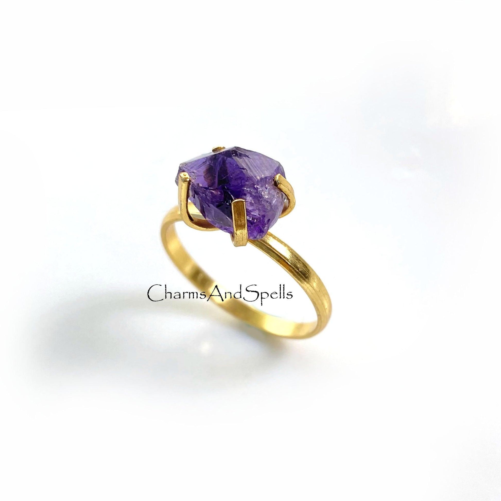 Natural Raw Amethyst Ring, Gold Plated Ring, Raw Stone Jewelry, Boho Amethyst Ring, February Birthstone, Statement Ring, Prong Set Ring - Charms And Spells