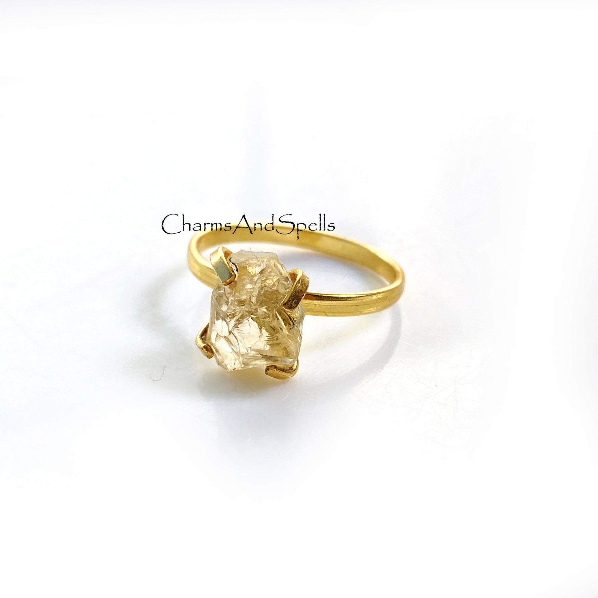 Natural Raw Yellow Citrine Ring, Gold Plated Ring, Ring for Women, Rough Gemstone Ring, Crystal Jewelry, Raw Stone Ring, Dainty Boho Jewelry - Charms And Spells