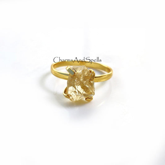 Natural Raw Yellow Citrine Ring, Gold Plated Ring, Ring for Women, Rough Gemstone Ring, Crystal Jewelry, Raw Stone Ring, Dainty Boho Jewelry - Charms And Spells