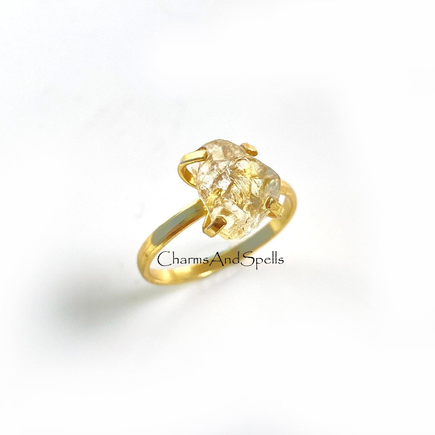 Natural Raw Yellow Citrine Ring, Gold Plated Ring, Ring for Women, Rough Gemstone Ring, Crystal Jewelry, Raw Stone Ring, Dainty Boho Jewelry - Charms And Spells