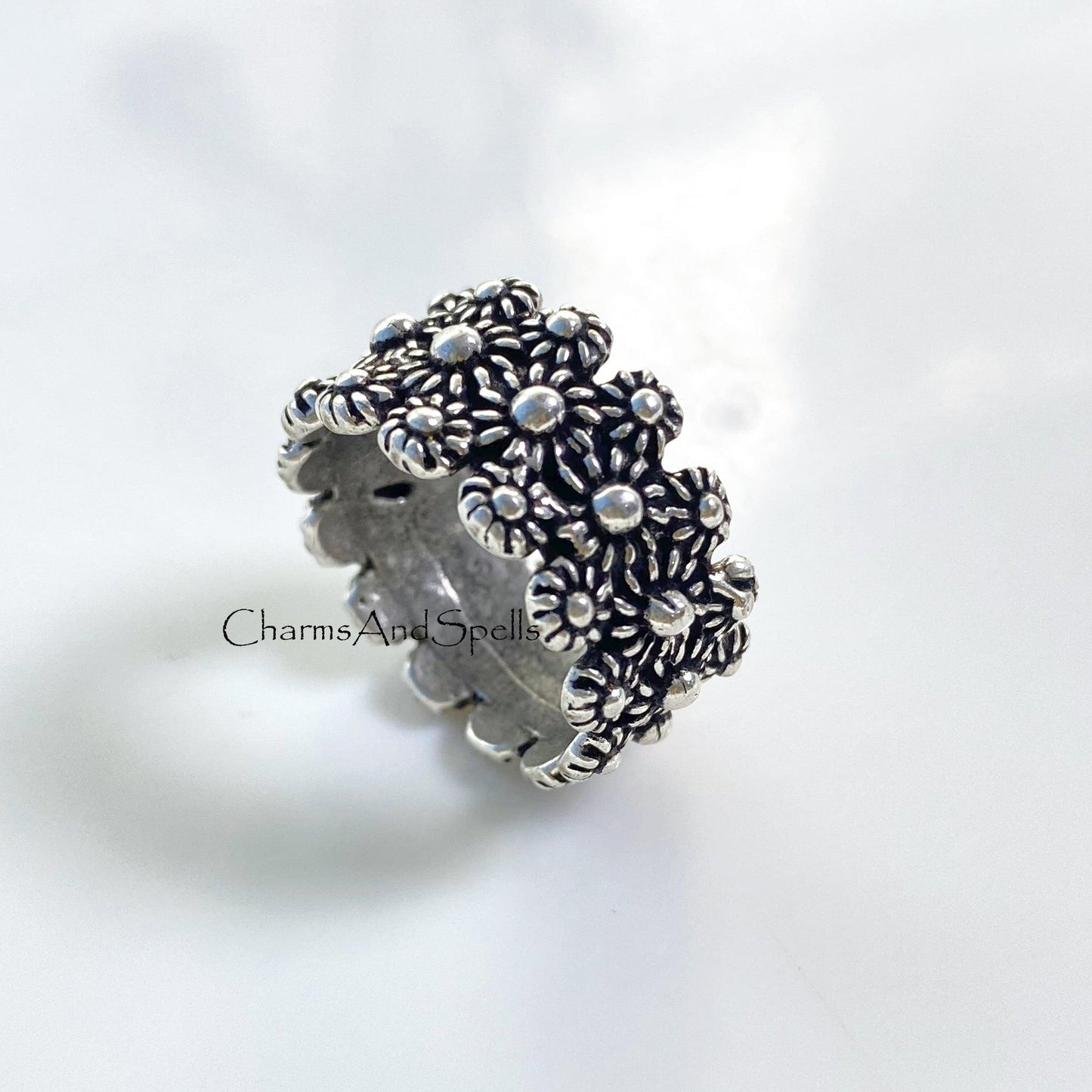 Filigree Ring, Silver Plated Ring, Wide Band Ring, Botanical Ring, Filigree Art Ring, Boho Style Ring, Unique Ring, Women's Designer Ring - Charms And Spells