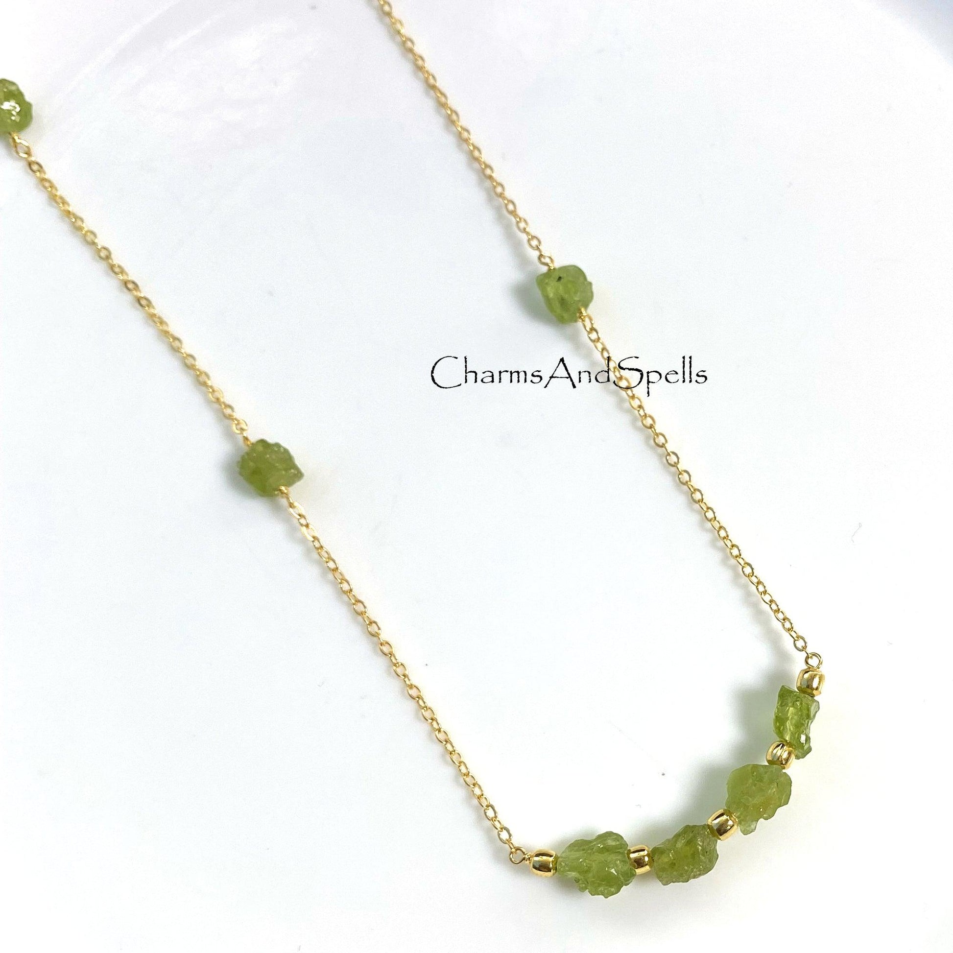 Natural Raw Peridot Necklace, Bar Necklace, August Birthstone, Raw Gemstone Jewelry, Boho Necklace, Peridot Beads Necklace, Christmas Gift - Charms And Spells