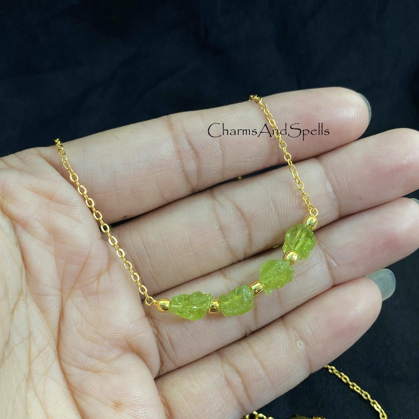 Natural Raw Peridot Necklace, Bar Necklace, August Birthstone, Raw Gemstone Jewelry, Boho Necklace, Peridot Beads Necklace, Christmas Gift - Charms And Spells