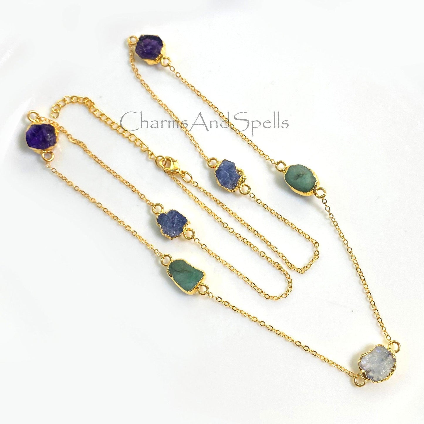 Natural Amethyst Necklace, Natural Rainbow Moonstone Necklace, Gold Plated Necklace, Natural Emerald Necklace, Sapphire Gemstone Necklace - Charms And Spells