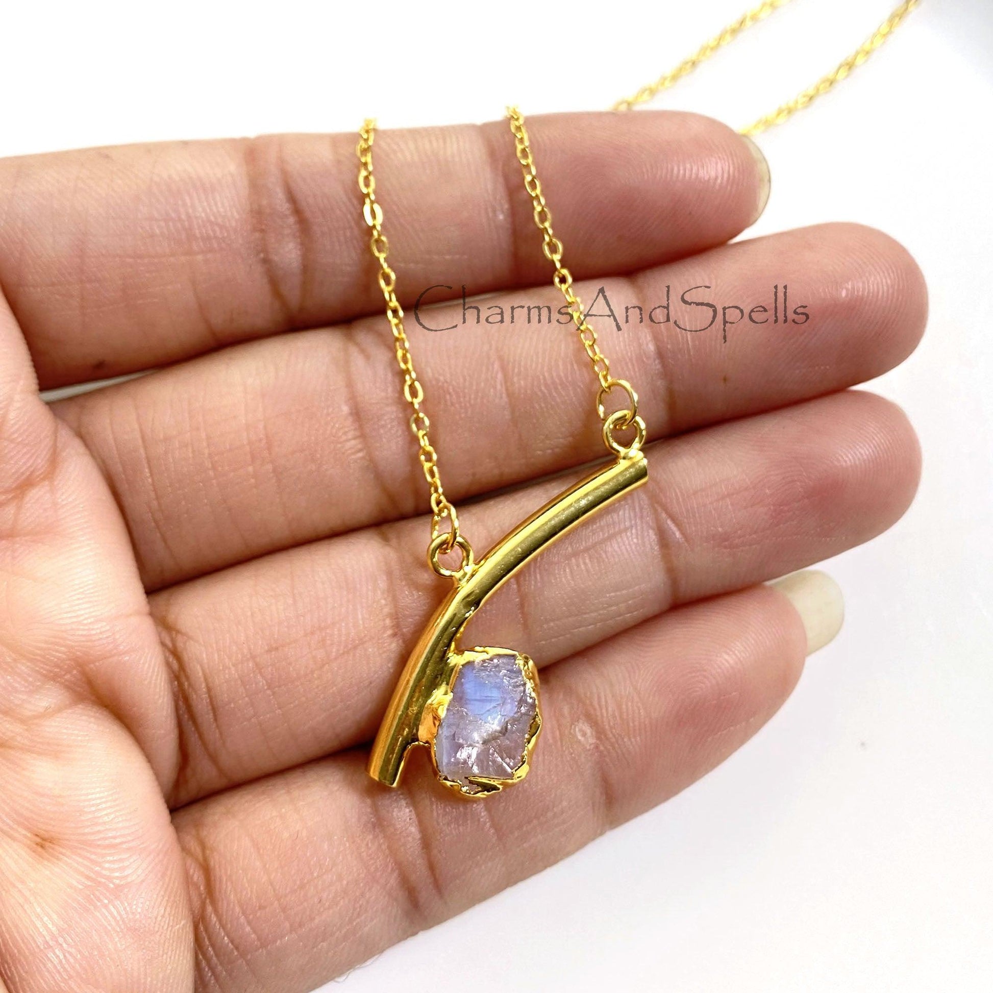 Natural Rainbow Moonstone Necklace, Gold Plated Necklace, Gemstone Pendant, Raw Moonstone Necklace, Blue Fire Moonstone, Bar Necklace, Gifts - Charms And Spells