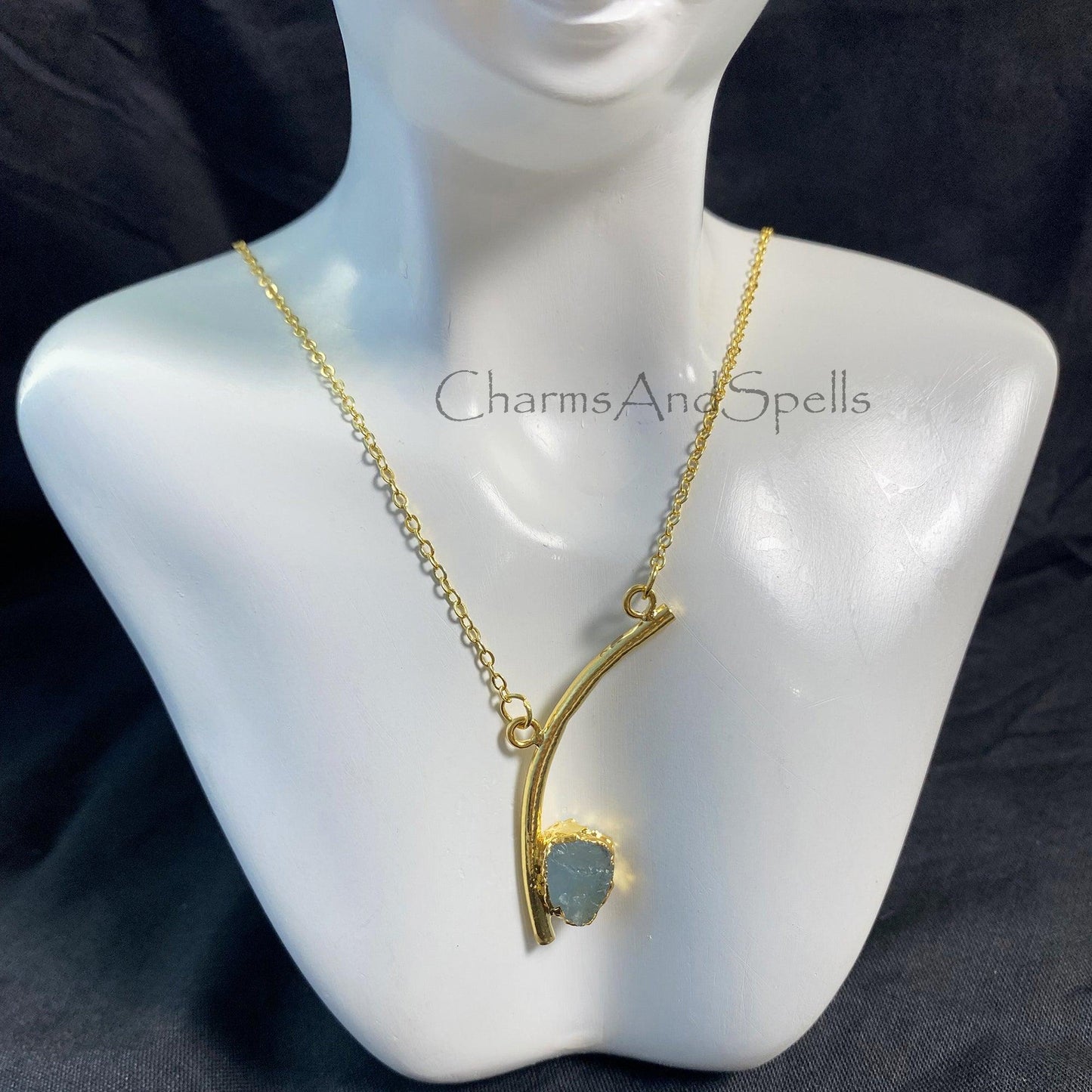 Natural Aquamarine Necklace, Gold Plated Necklace, Raw Aquamarine Gemstone Pendant, Bar Necklace, Boho Statement Necklace, Antique Necklace - Charms And Spells