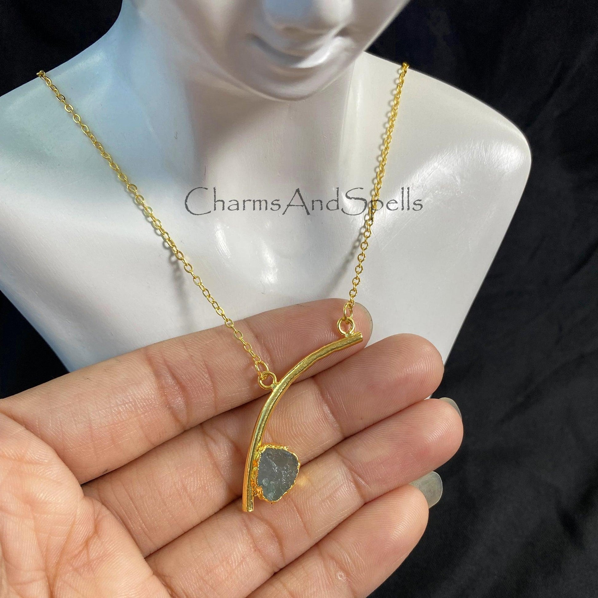 Natural Aquamarine Necklace, Gold Plated Necklace, Raw Aquamarine Gemstone Pendant, Bar Necklace, Boho Statement Necklace, Antique Necklace - Charms And Spells