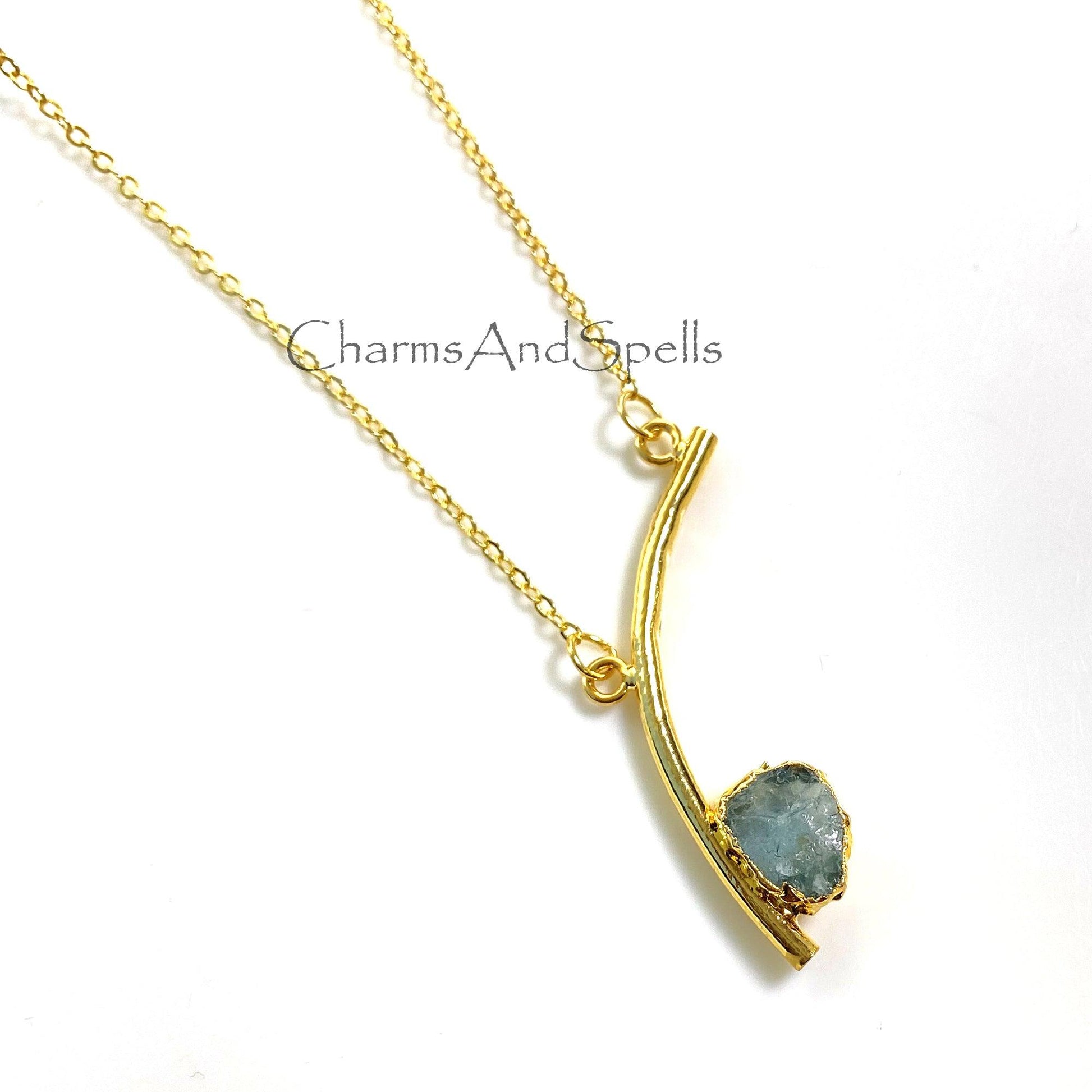 Natural Aquamarine Necklace, Gold Plated Necklace, Raw Aquamarine Gemstone Pendant, Bar Necklace, Boho Statement Necklace, Antique Necklace - Charms And Spells