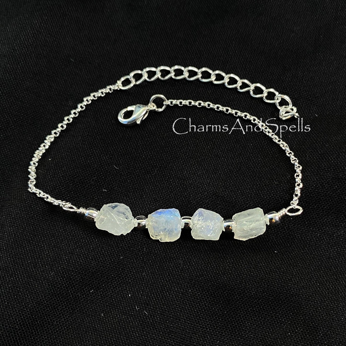 Natural Rainbow Moonstone Bracelet, Crystal Bar Bracelet, Silver Plated Beaded Bracelet, Dainty Bracelet, Gemstone Bracelet, Boho Jewelry - Charms And Spells