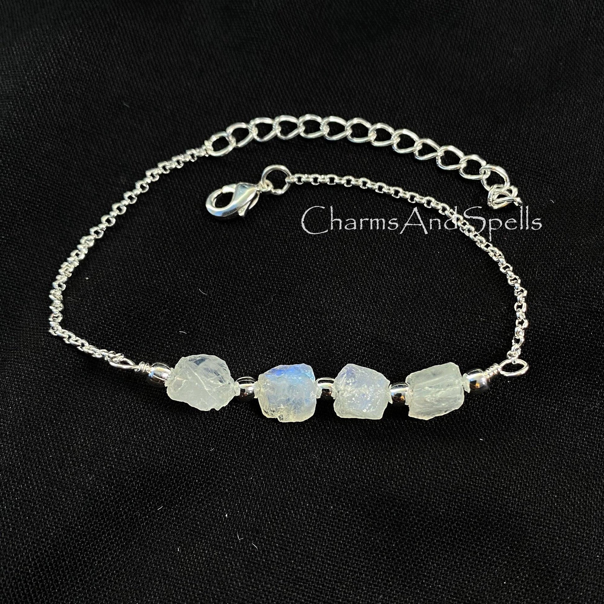 Natural Rainbow Moonstone Bracelet, Crystal Bar Bracelet, Silver Plated Beaded Bracelet, Dainty Bracelet, Gemstone Bracelet, Boho Jewelry - Charms And Spells