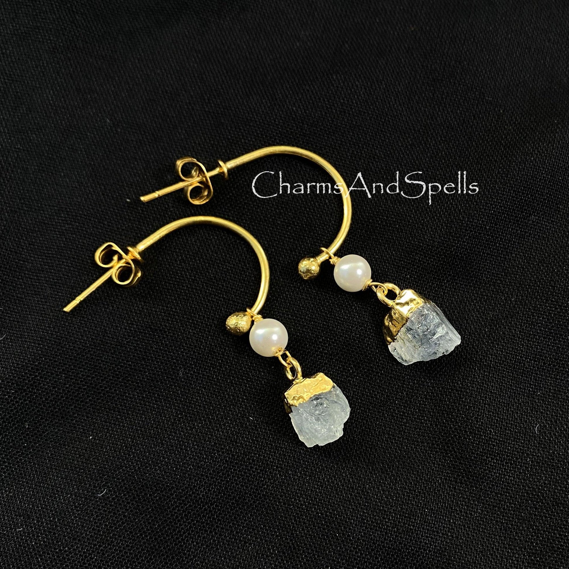 Rainbow Moonstone Earring, Gold Plated Earring, Raw Moonstone Earring, Flashy Moonstone Drop Earring, Pearl Earring, Boho Statement Jewelry - Charms And Spells