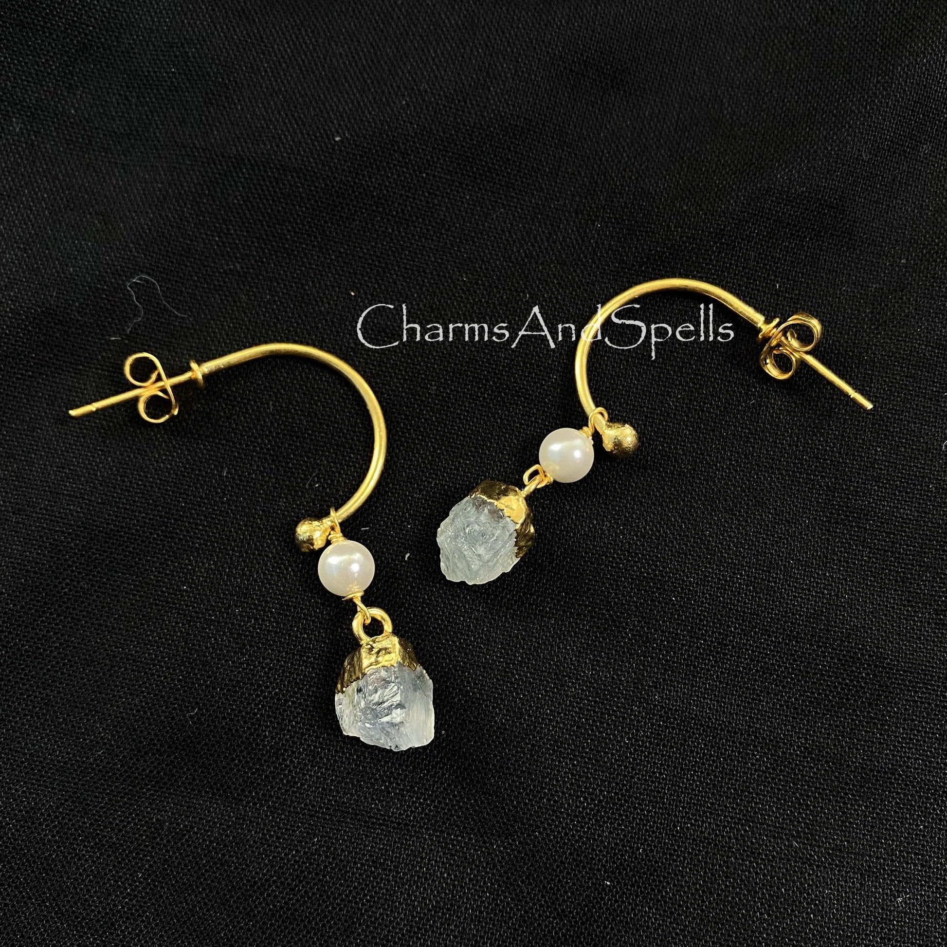 Rainbow Moonstone Earring, Gold Plated Earring, Raw Moonstone Earring, Flashy Moonstone Drop Earring, Pearl Earring, Boho Statement Jewelry - Charms And Spells