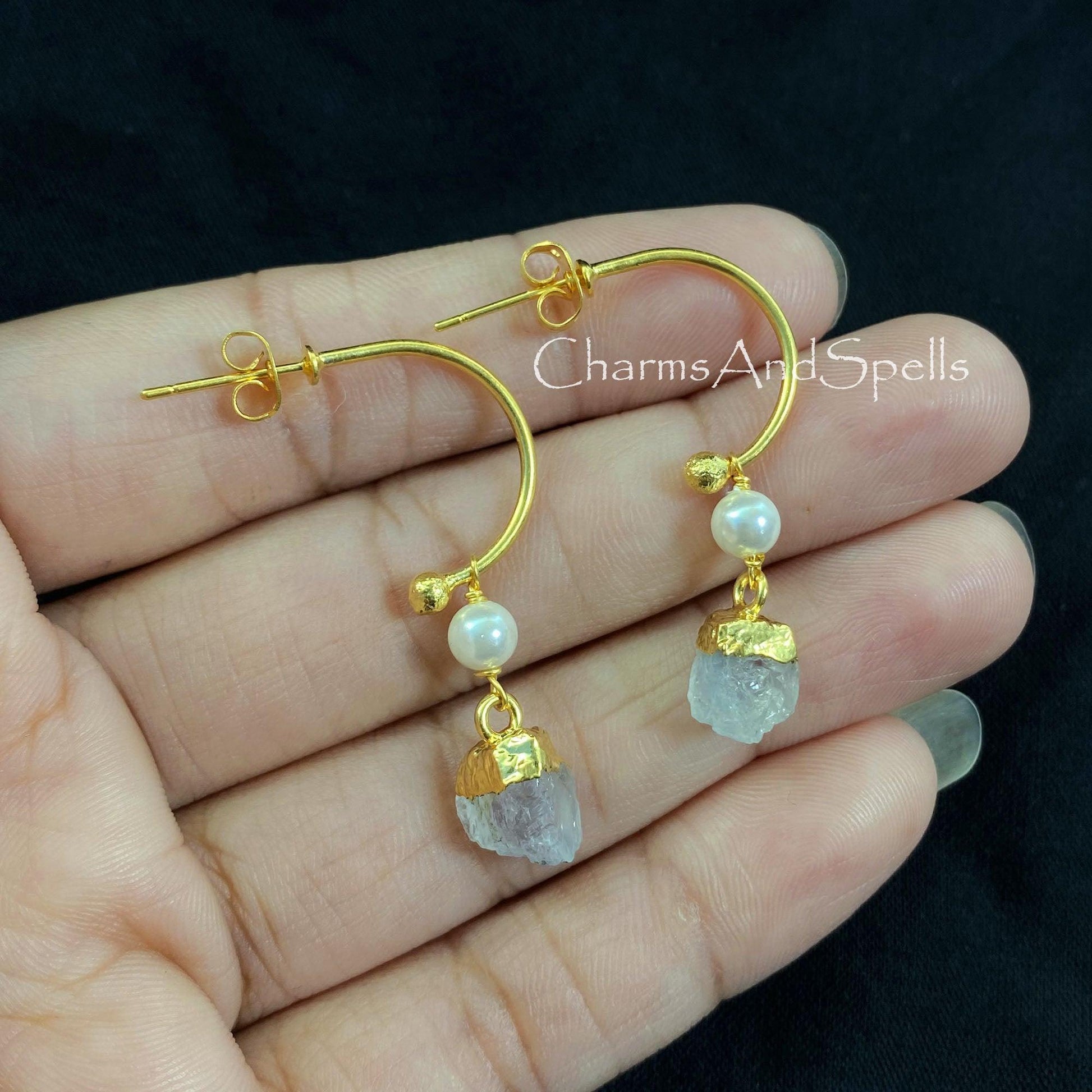 Rainbow Moonstone Earring, Gold Plated Earring, Raw Moonstone Earring, Flashy Moonstone Drop Earring, Pearl Earring, Boho Statement Jewelry - Charms And Spells