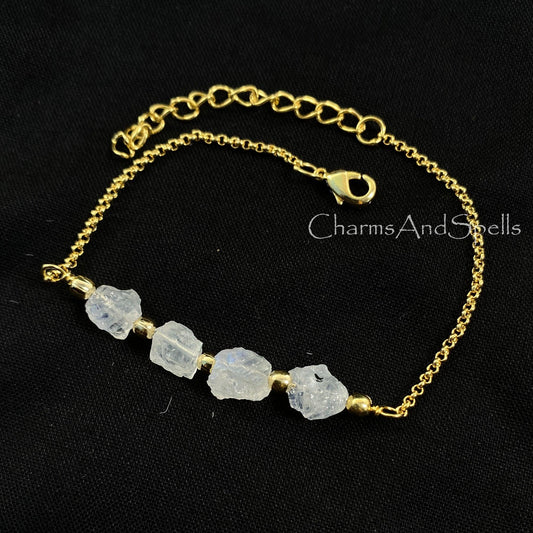 Raw Moonstone Bracelet, Gemstone Adjustable Bracelet, June Birthstone, Gold Plated Bracelet, Blue Fire Moonstone Bracelet, Statement Jewelry - Charms And Spells